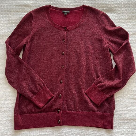 PL Talbots Burgundy Metallic Long-Sleeve Cardigan with Jeweled Buttons - Picture 1 of 7